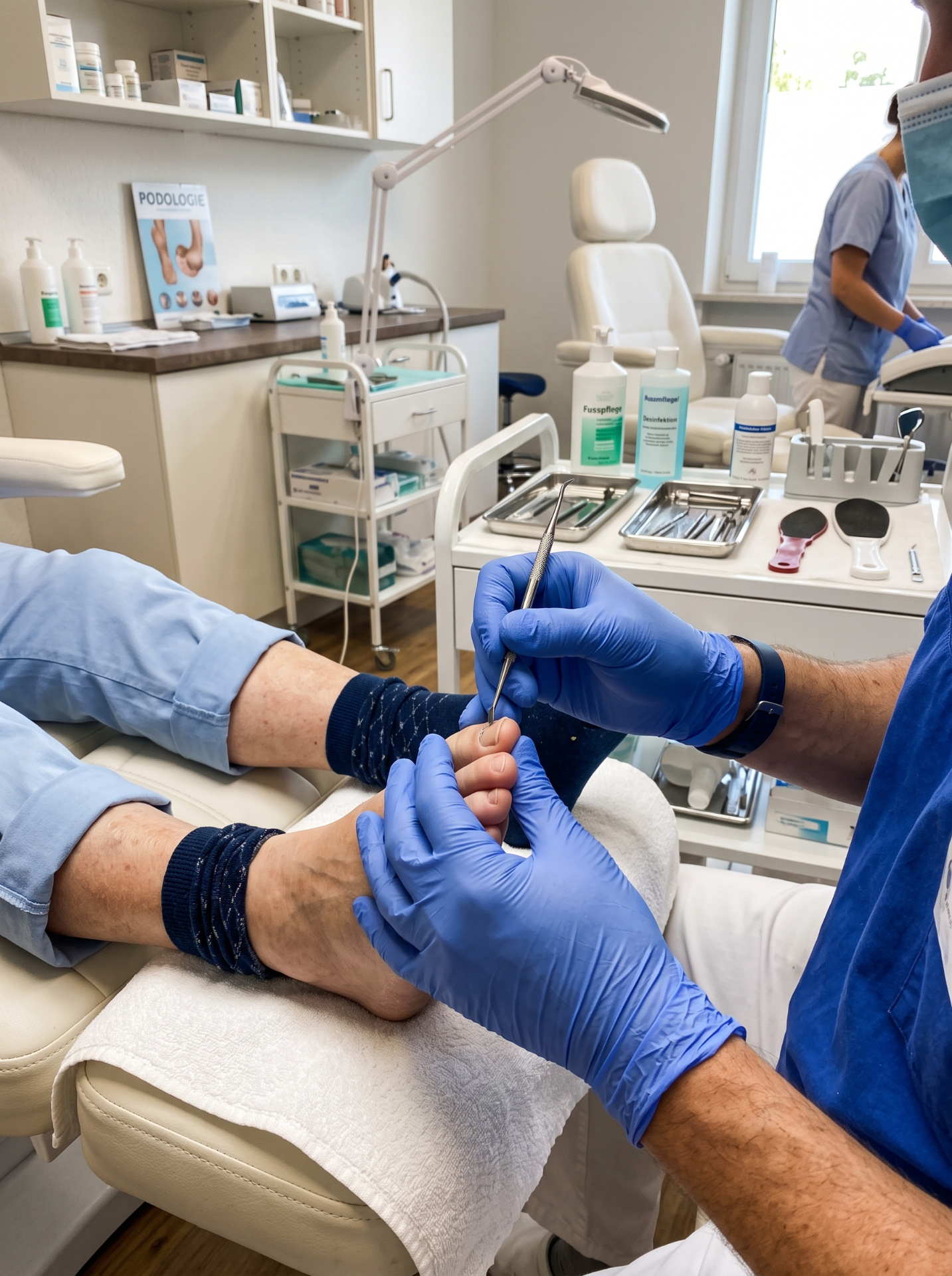 Behandlung am Patientenfuß mit Handschuhen und sterilem Instrument