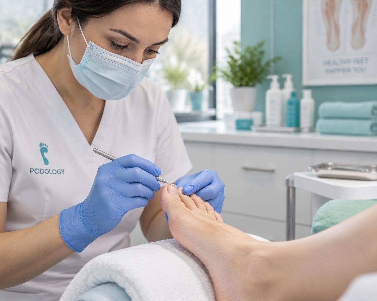 Behandlung am Fuß mit Handschuhen und sterilem Instrument in der Praxis